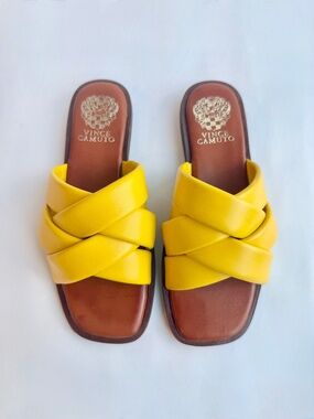New Vince Camuto Yellow Leather Slide Sandals Size 6M  361/2 Criss Cross Summer